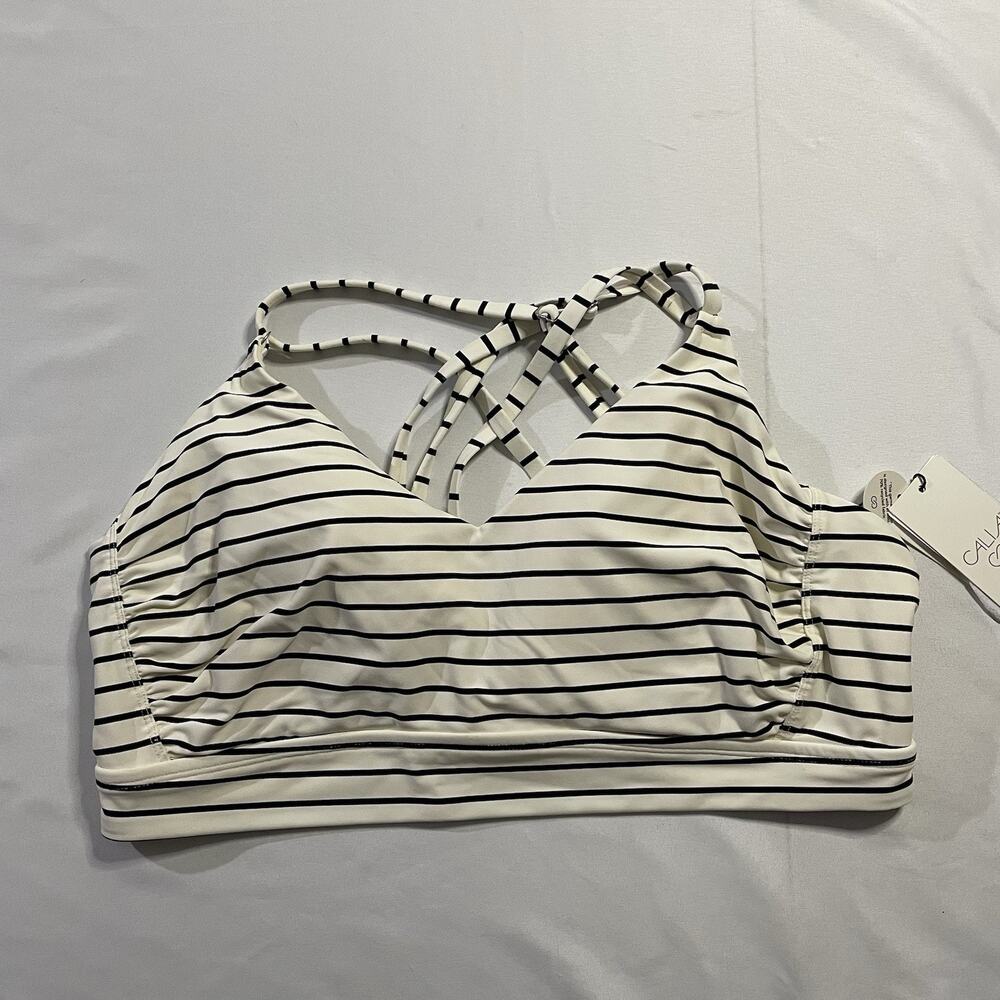 CALIA Strappy Back Ruched Bikini Top Coastal Stripe Ivory XXL NWT UPF 50+
